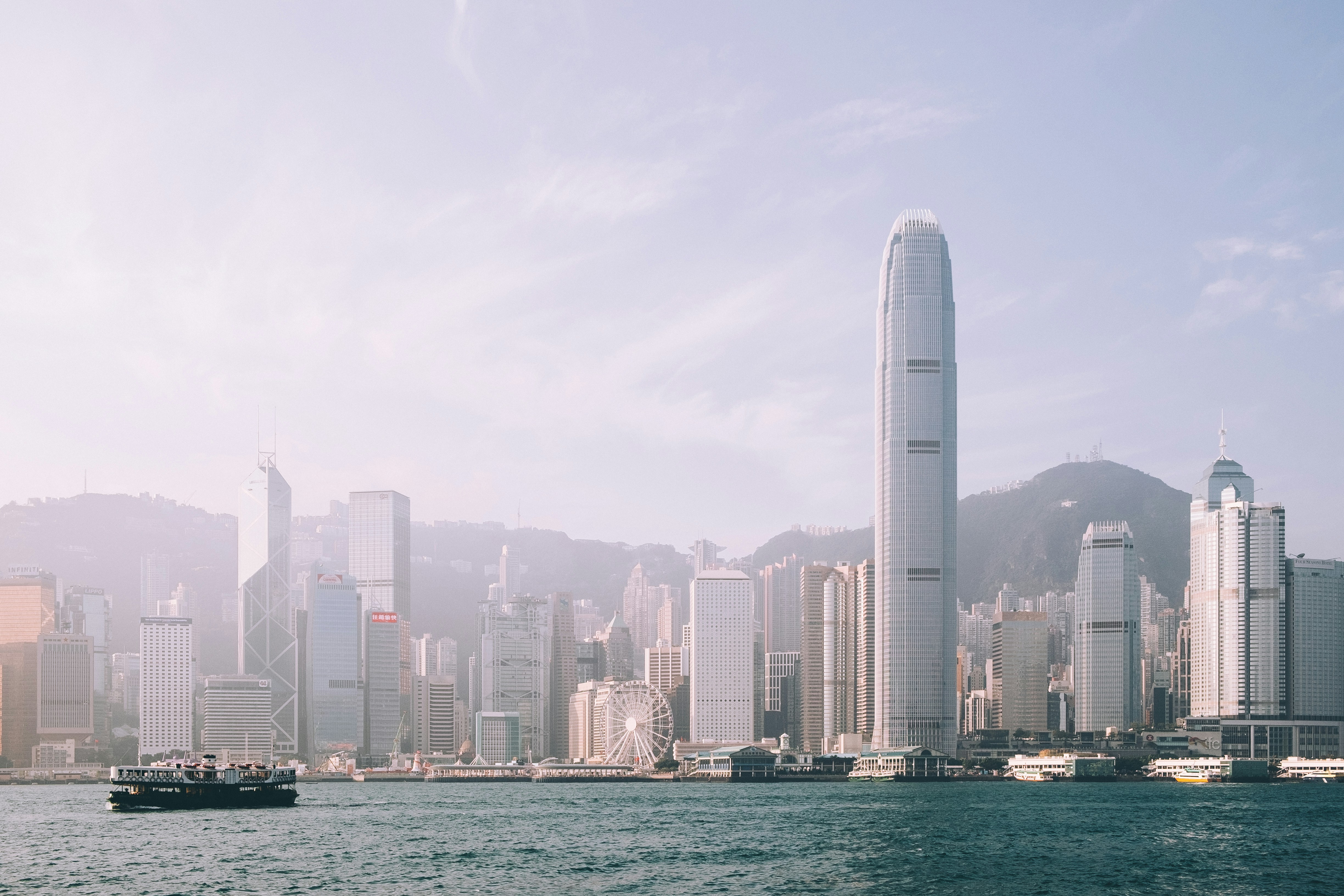 The Hong Kong skyline and harbour at dusk
