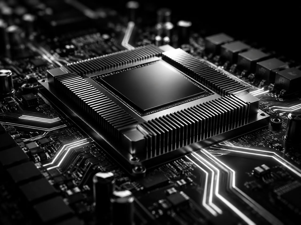 An AI GPU processor glowing on a dark circuit board